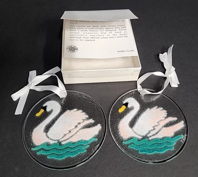 Set of 2 Swans Signed Peggy Karr Fused Glass Sun Catcher Ornament