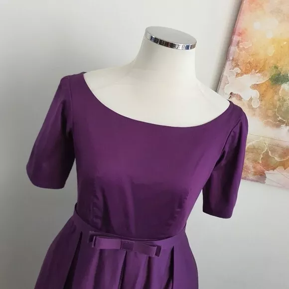 Mulberry Street Fit Flare Pleated Purple Dress Size 12 Belt Vintage Short Sleeve 2