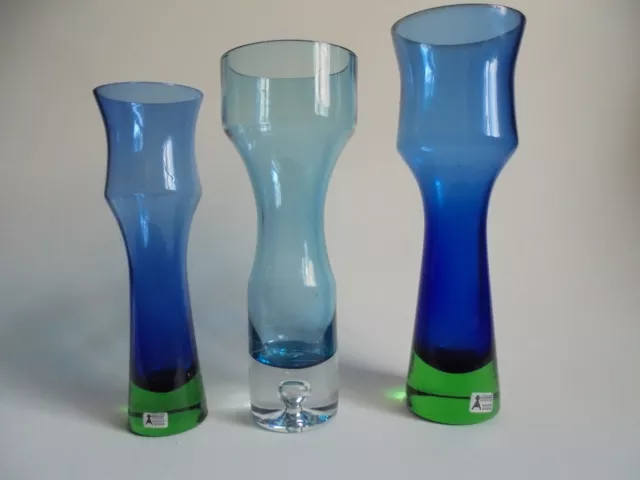 3 Glas Vasen blau-grün 60s, Bo Borgström, Aseda Glasbruk Sweden, 26-22cm