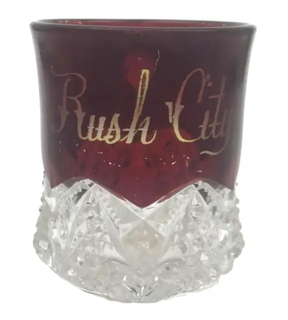 Antique Rush City MN Souvenir Cut Clear Glass Ruby Red Flash Etched Coffee Cup