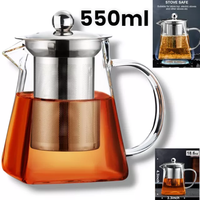 Clear Glass Teapot with Infuser Stove Safe Stainless Steel 550ml Clear Glass Pot