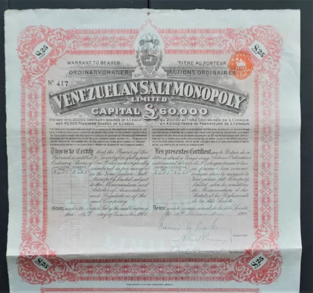 Venezuela - Venezuelan Salt Monopoly - 1906 - 25 shares  -RARE-