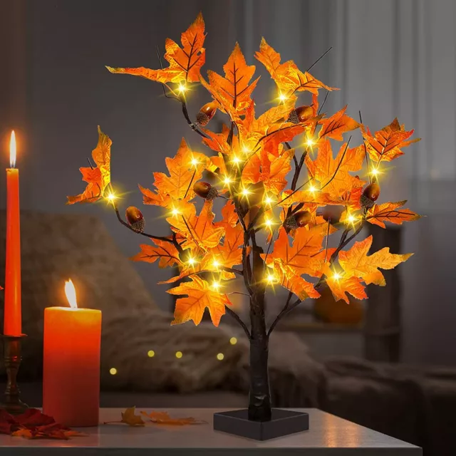20 inch Fall Lighted Maple Tree with Acorns，24 LED Lights，Thanksgiving Halloween