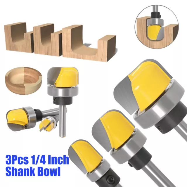 3PCS 1/4 Inch Shank Bowl and Tray Template Router Bit Set with Ball Bearing Dish