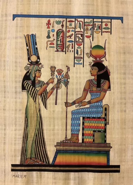 Vintage Hand Painted Ancient Egyptian Papyrus -Queen Nefertari offerings-12x16”