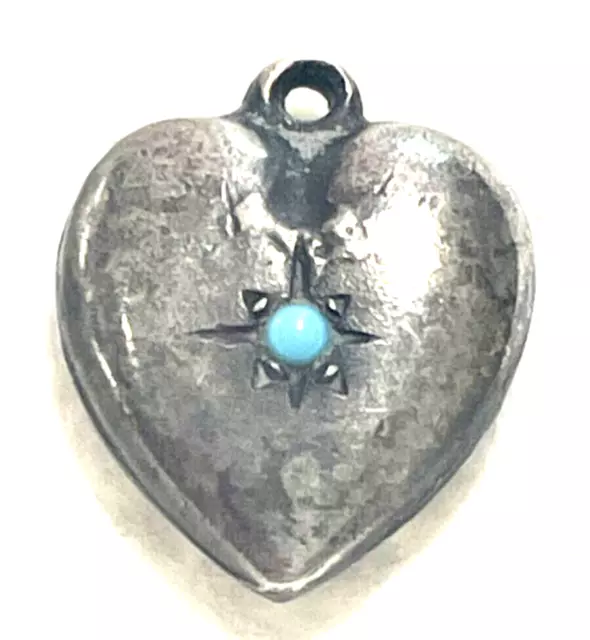 Vtg Antique Sterling Silver Puffy Heart Charm RARE TINY TURQUOISE ART NOUVEAU