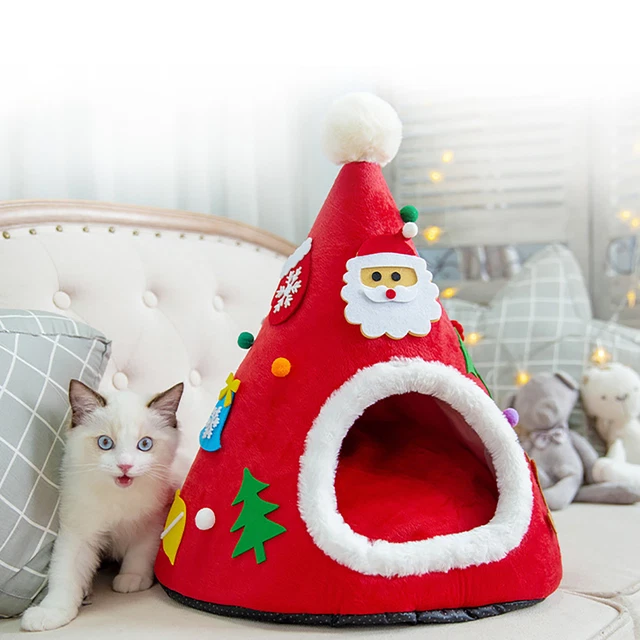 Pet Cat Hut House Dog Bed Warm Sleeping Christmas Tree Shape Tent Free