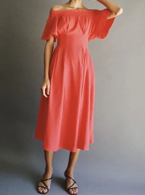 Zara Xs Small Linen Cotton Blend Rustic Midi Dress With Darts Red Coral 6 8  10 : £18.00 - Picclick Uk