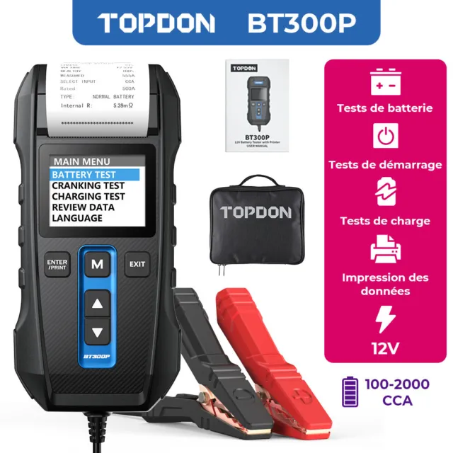 Testeur Batterie Voiture, TOPDON BT300P 12V 24V Testeur de Batterie et  Alternateur Professionnel Analyseur de Batterie de Démarrage avec  Imprimante Intégrée pour Auto Voiture Camion Moto : : Auto et Moto