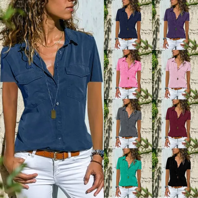 Womens Short Sleeve Casual T Shirt Tops Ladies Work OL Button Blouse Tee Size UK