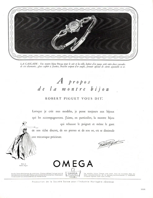 Original French Vintage Ad - OMEGA Watch Robert Piguet Fashion Cascade - 1949
