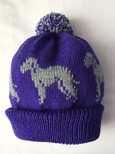 BEDLINGTON TERRIER NEW Knitted PURPLE pom pom bobble hat with DOG design,,