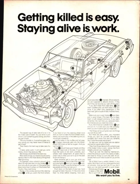 Vintage advertising print Gas Oil MOBIL Getting Killed is Easy Alive is Work 67