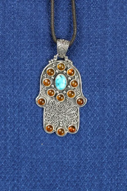 Hand of Fatima Khamsa Filigree Amber Turquoise Sterling Silver Pendant Amulet