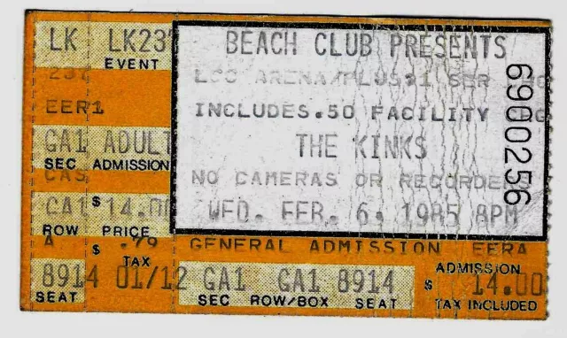 The Kinks 2/6/85 Lakeland FL Rare Ticket Stub