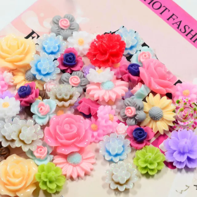 50x Assorted Colors Size Resin Rose Flower Flatback Cabochons Embellishments