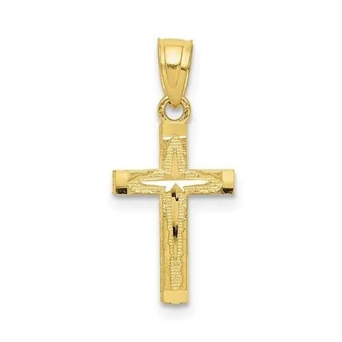 Real Solid 10K Yellow Gold Polished Small Diamond Cut Cross Charm Pendant