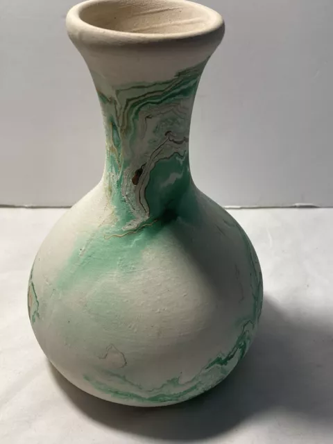 Namadji Pottery USA Clay Bisque Orange and Green Swirl  Vase Marked 3