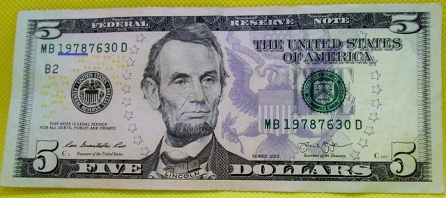 MB 1978/7/6/30D Federal US Five Dollar Bill_2013 series-Fancy Serial # BIRTHDAY