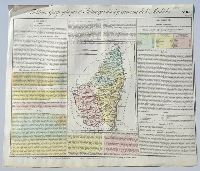 Dépt 07 - Rare Carte Géographique & Statistique de l'Ardèche Aquarellée de 1826