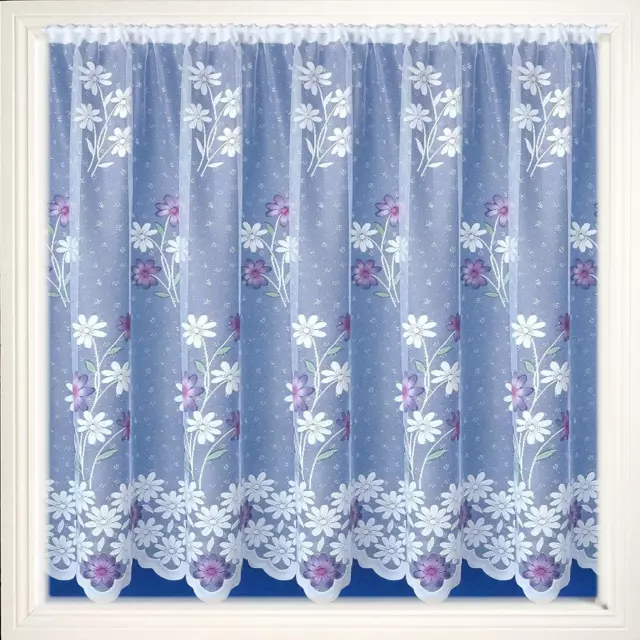 Primrose Pretty Lavender Pink Daisy Flowers White Lace Net Curtain by the Metre