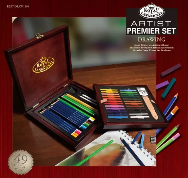 49pc ARTIST PREMIER COLOUR DRAWING PENCILS & STICKS WOODEN CASE BOX SET DRAW1600