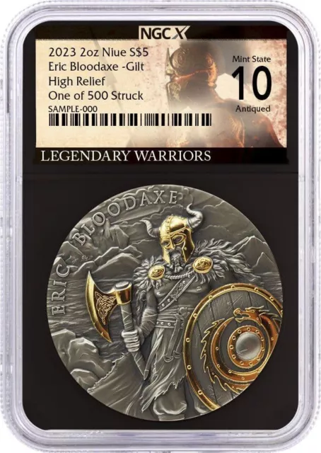 2023 $5 Niue 2oz Gilt Silver Eric Bloodaxe HR NGCX MS10 ANTIQUED 1 of 500 Struck