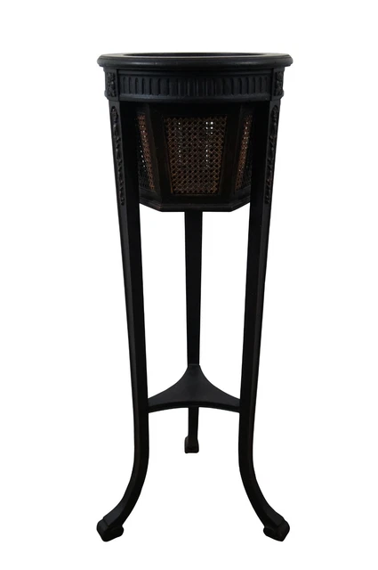Antique Gustavian Style Black Painted Mahogany Caned Pedestal Plant Stand 36"
