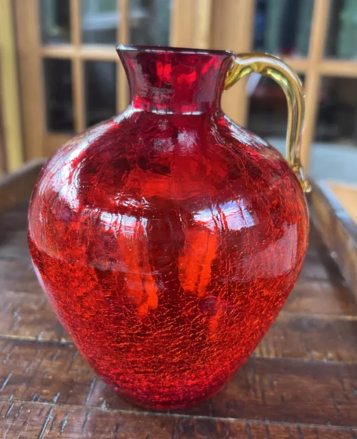 Pilgrim Co. Ruby Red Hand Blown Crackle Glass Optic Jug Vase