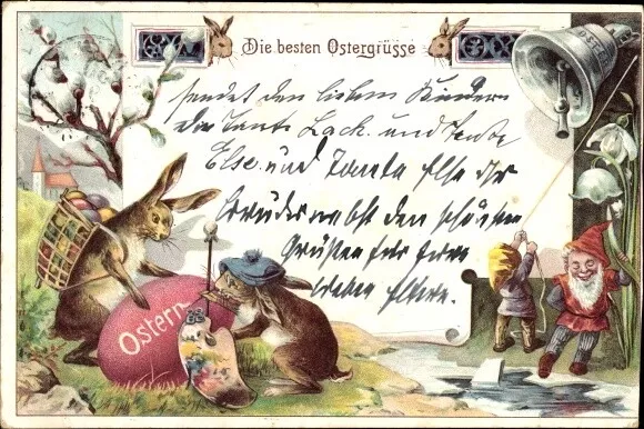 Litho Glückwunsch Ostern, Osterhasen bemalen Osterei, Zwerge... - 4106612