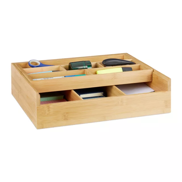 Caja almacenaje bambú, Organizador con nueve compartimentos, Cajones escritorio