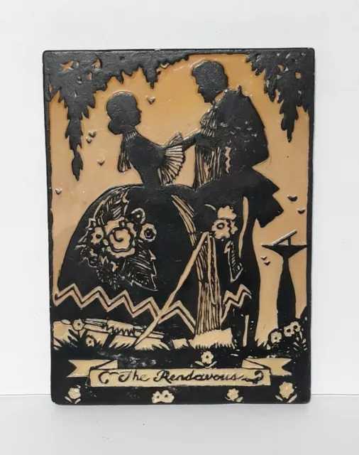 Vintage Plaster Of Paris Tile "The Rendezvous" Painted Silhouette.