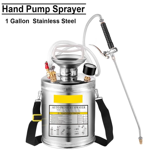 1 Gallon Stainless Steel Hand Pump Sprayer  w/ Reinforced Hose for Lawn Garden