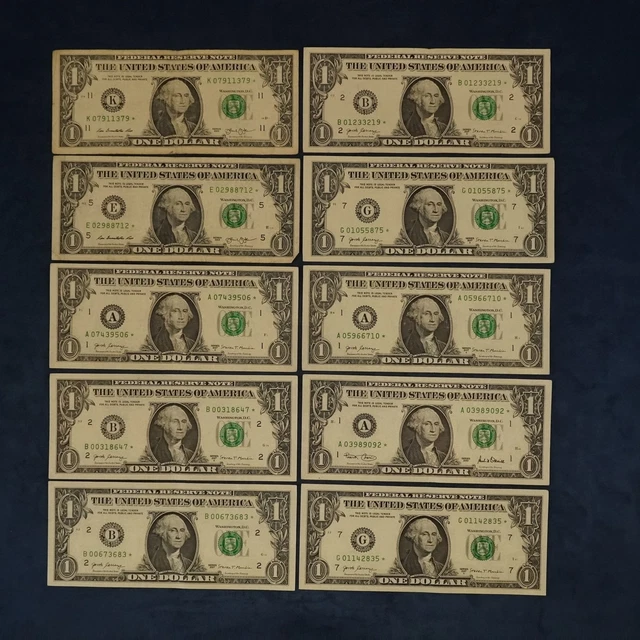 Lot of 10 $1 Federal Reserve Star Notes - Free Shipping USA