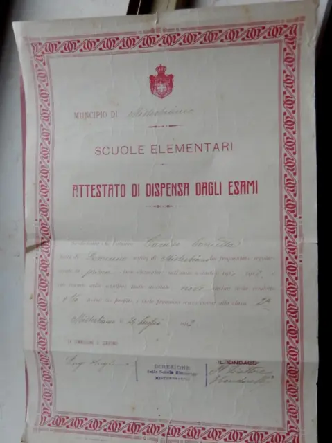 diploma elementare comune di MISTERBIANCO, 1912 , 35 cm,difetti marginali