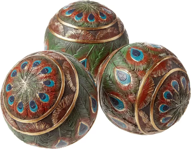 Design Toscano Peacock Feathered Orbs Decorative Accent Balls, 3 Inch, Set of