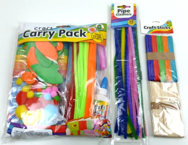 Kids Craft Pack Sticks Pipe Cleaners Paper Pom-poms Stickers Glitter Glue & More