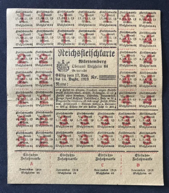 alte Reichsfleischkarte Württemberg - Oberamt Welzheim von 1919 / Nov.