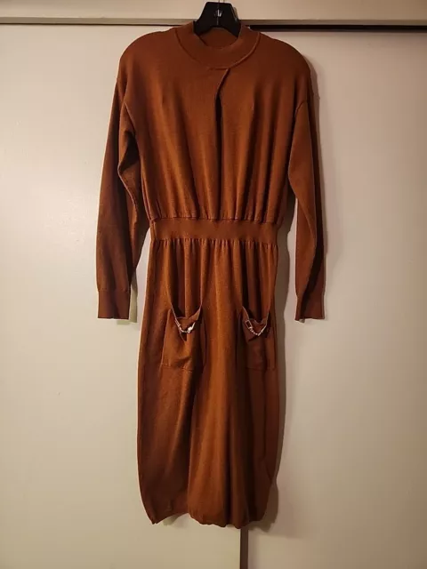 Rust Brown Midi Sweater Dress M  Ribbed Knit POCKETS KEY HOLE MOCK  NECK