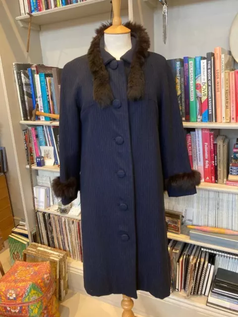 Blue stripe True Vntage coat with real fur trim 40s or 50s ? approx UK 8/10