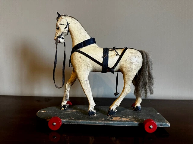 c1900*HORSE s. wheels* ANTIQUE WOODEN TOY wooden HORSE PULLTOY on wheels