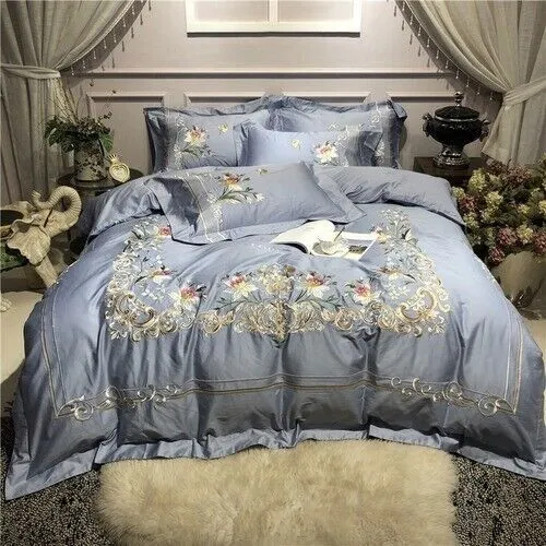 Luxury 80S Egyptian Cotton Pastoral Flowers Embroidery Palace Bedding Set  4pcs