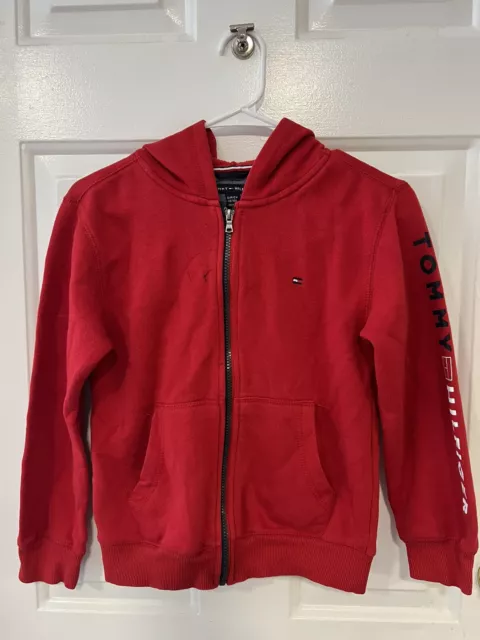 Tommy Hilfiger Red Full Zip Hoodie Logo Sweatshirt Boys Size Small 8/10