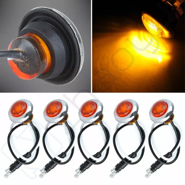 5pcs 3/4" Trailer Lamp Bullet Side Marker Truck Amber Light Chrome Bezel Grommet