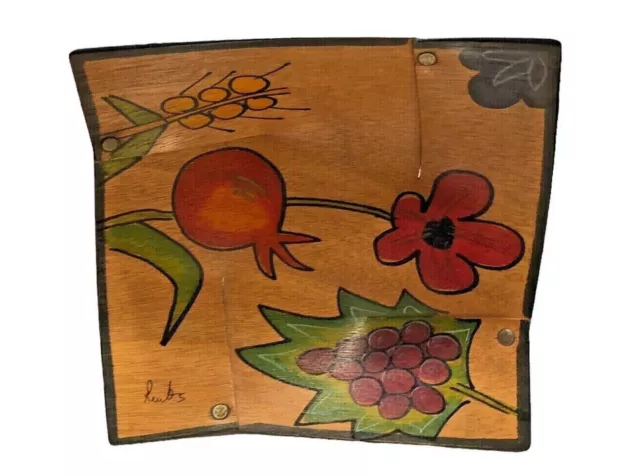 Kakadu Wooden Bowl Signed Hand Crafted Painted Fruit Floral Square Israel Wood