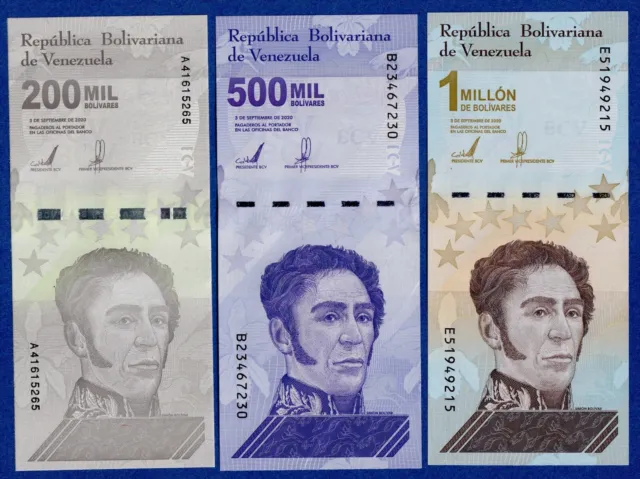 Venezuela Set-3 Notes - 200000 500000 1 Million Bolivares 2020/2021 P-New UNC