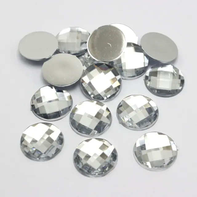 100 Clear Crystal Acrylic Flatback Faceted Round Rhinestone Gems 16mm No Hole