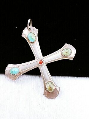 Large Vintage Sterling Silver Towle Cross Turquoise Coral Pendant for necklace
