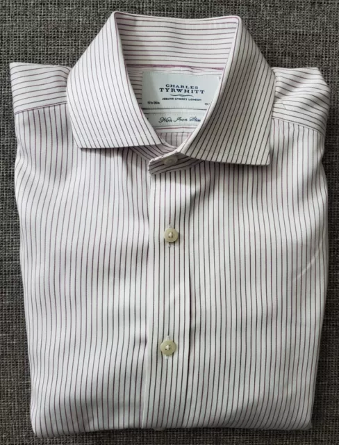 Charles Tyrwhitt Mens White Stripe Non Iron Slim Fit Dress Shirt Size 15.5 x 35