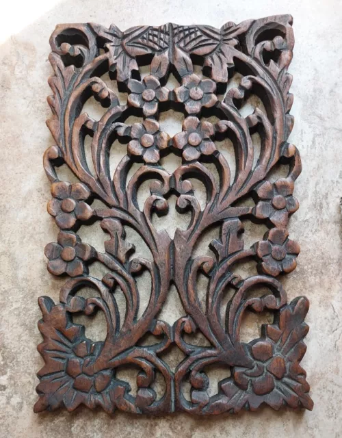 12" Hand Carved Wooden Art Panel Sculpture Floral Design Amazing & Beautiful!!!